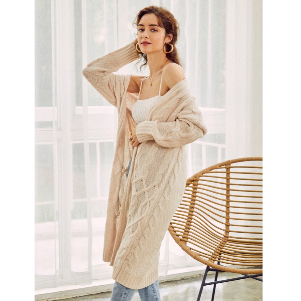Long Cable Knit Open Cardigan - Picture 6 of 11